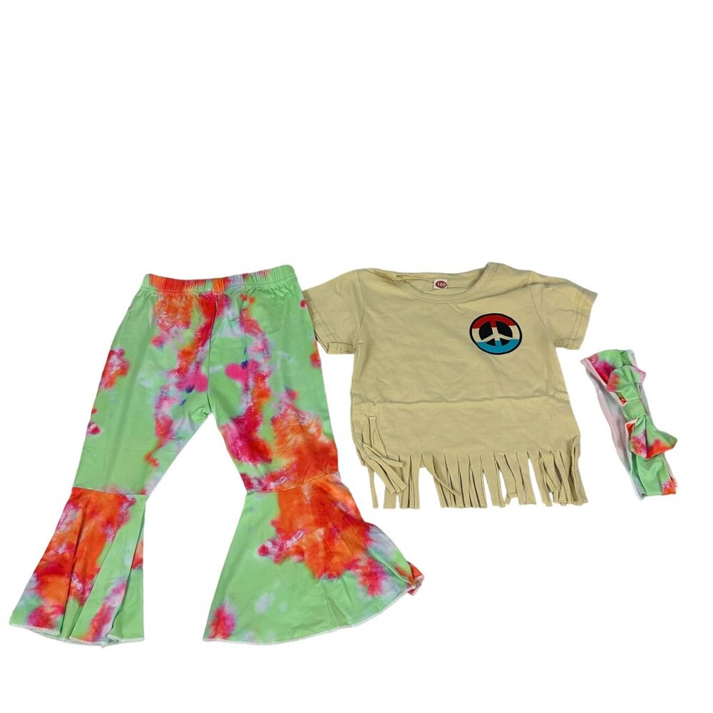 Girls Toddler 3-Piece Boho Outfit Fringe Tee Tie-Dye Bell Bottoms & Headband 3T